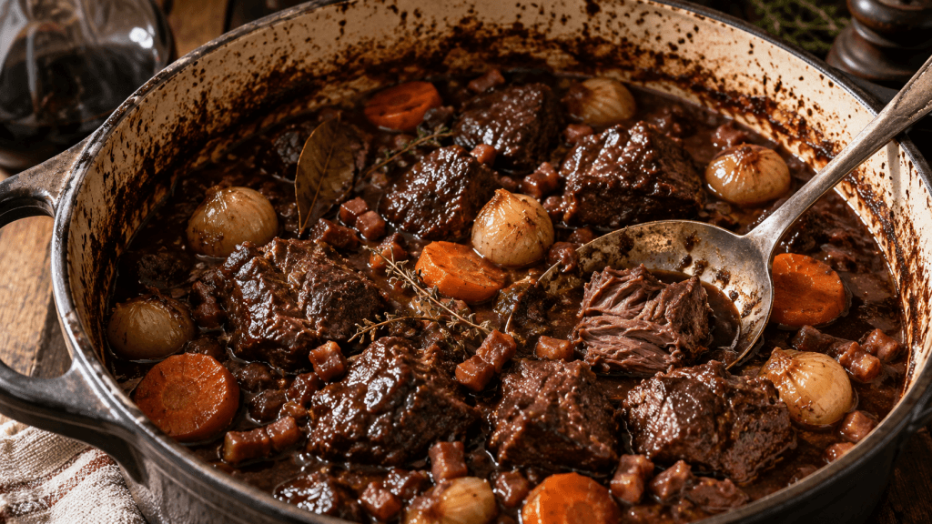 Civet de chevreuil traditionnel au vin rouge avec carottes, oignons grelots et lardons