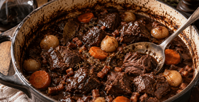 Civet de chevreuil traditionnel au vin rouge avec carottes, oignons grelots et lardons